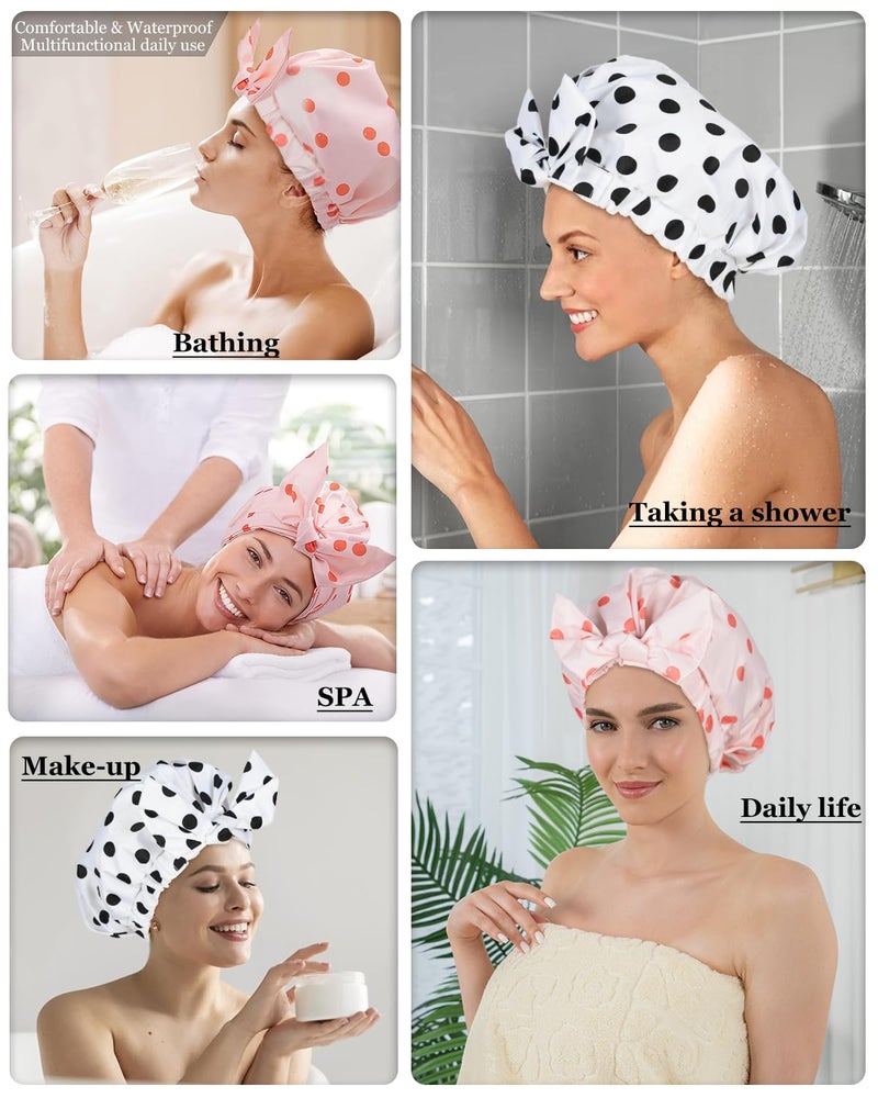 Luvruitaky Shower Cap 2Pcs Shower Caps for Women Reusable Waterproof Hair Cap for Shower with Adjustable Bowknot Luxury Bath Cap for Women (Black Dot & Pink Dot) - Image 5